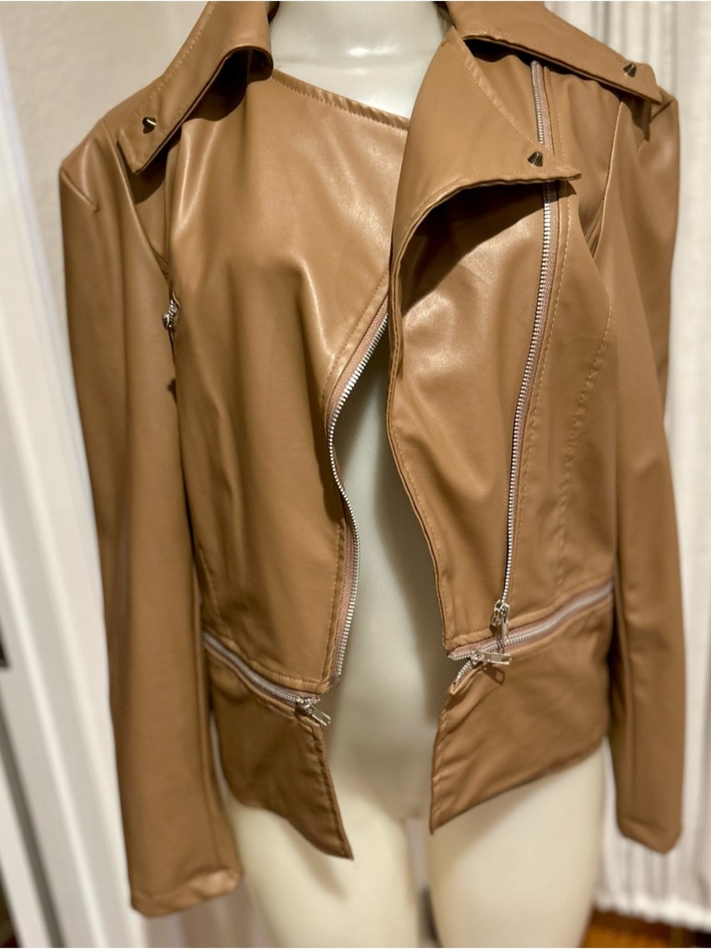 Women's Camel Faux Leather Asymmetrical Moto Jacket